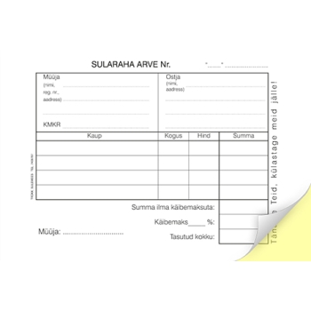 Blankett Sularaha arve-kassa sissetuleku order A6, isekopeeruv, 50 tk/pk