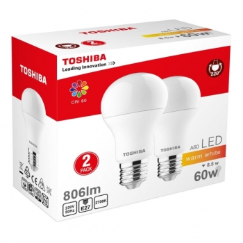 LED pirn Toshiba E27/A60 8,5W=60W 806 lum. 2700K 2tk/pk